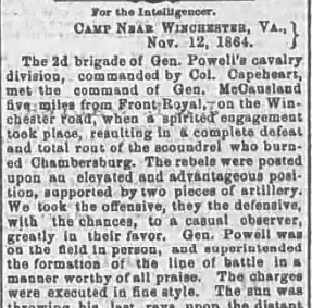 newspaper article with headline of Camp Near Winchester, Virginia
