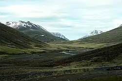 View of the Öxnadalsheiði plateau with mossy ground and sloping hills on either side