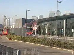 The bus station with Canary Wharf in the distance