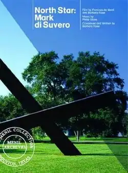 Text is superposed on a photograph. In the upper right, the text gives the film's title and some of its credits. In the lower left, the text reads "Menil Collection, Houston, Texas". The photograph shows a grass lawn, with trees and the sky in the distance. Two large, black metal beams cross like the letter "X" in the foreground.