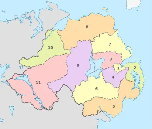 Local government districts of Northern Ireland. Each district in this image is numbered, with the numbers corresponding to those in the table below.