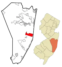 Map of Forked River CDP in Ocean County. Inset: Location of Ocean County in New Jersey.
