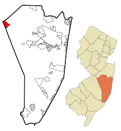 Location of New Egypt in Ocean County highlighted in red (left). Inset map: Location of Ocean County in New Jersey highlighted in orange (right).