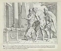 Argus, sitting, nuzzles into Odysseus, who is walking past him with two other men.