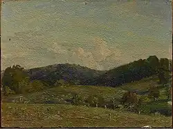 Dark oil painting of a Texas landscape. The image appears yellowed, with rolling green hills below and a light cloudy sky above.
