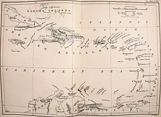 Map of the Caribbean, 1893. Aruba, Curaçao and Bonaire are shaded in red.