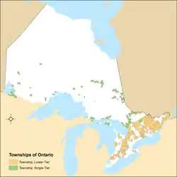 Distribution of Ontario's township municipalities by lower-tier and single-tier municipality status