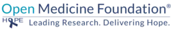 The text "Open Medicine Foundation" written in teal and blue. Below it is written the word "HOPE" with the O replaced by a blue ribbon, and the words, "Leading Research. Delivering Hope."