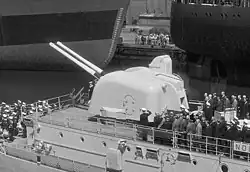 Bofors 120 mm Naval Automatic Gun L/50 from the back left onboard the stern of the Holland-class destroyer HNLMS Noord-Brabant (D810).