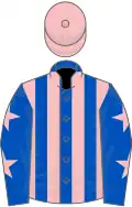 Royal blue and pink stripes, royal blue sleeves, pink stars, pink cap