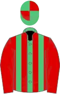 Emerald green and red striped, red sleeves, quartered cap