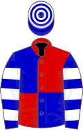 Red and blue (quartered), blue and white hooped sleeves, blue and white hooped cap