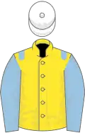 Yellow, light blue epaulets and sleeves, white cap