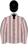 Grey and pink stripes, black cap