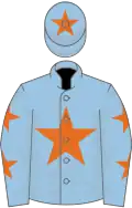Light blue, orange star, light blue sleeves, orange stars, light blue cap, orange star
