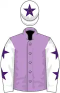 Mauve, white sleeves, purple stars, white cap, purple star