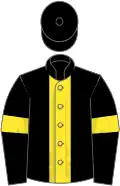 Black, yellow stripe, black sleeves, yellow armlets, black cap