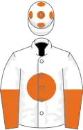 White, orange disc, halved sleeves, orange spots on cap
