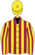 Yellow, maroon stripes, yellow cap