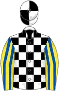 White and black check, yellow and royal blue striped sleeves, white and black quartered cap