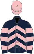 Dark blue, pink chevrons, hooped sleeves, pink cap