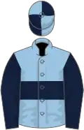 Light blue, dark blue hoop, dark blue sleeves, quartered cap
