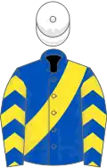 ROYAL BLUE, yellow sash, yellow chevrons on sleeves, white cap