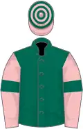 Dark green, pink sleeves, dark green armlets, hooped cap