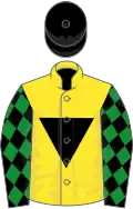 Yellow, black inverted triangle, black sleeves, green diamonds, black cap