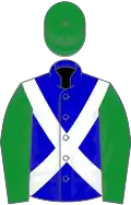 Blue, white cross-belts, green sleeves and cap