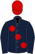 Dark blue, large red spots, red cap