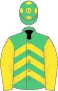 Emerald green and yellow chevrons, yellow sleeves, emGreen cap, yellow spots