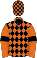 Black and orange diamonds, orange sleeves, black armlets, black and orange check cap