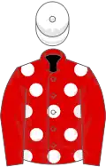 Red, white spots on body, white cap, black hoop
