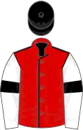 Red, black seams, white sleeves, black armlets, black cap