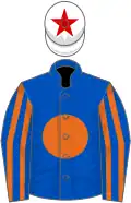Royal blue, orange disc, striped sleeves, white cap, red star