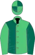 EMERALD GREEN and DARK GREEN HALVED, sleeves reversed, quartered cap