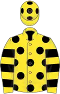 Yellow, black spots, hooped sleeves and spots on cap
