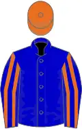 Blue, orange striped sleeves, orange cap