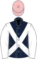 Dark blue, white cross belts and sleeves, pink cap