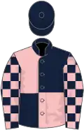 Dark blue and pink (quartered), checked sleeves, dark blue cap