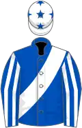 Royal blue, white sash, striped sleeves, white cap, royal blue stars