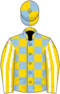 Light blue and yellow check, yellow and white striped sleeves, light blue and yellow quartered cap