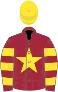 Maroon, yellow star, hooped sleeves, yellow cap
