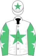 White, emerald green star, emerald green sleeves, white stars, white cap, emerald green star