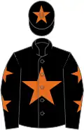 Black, orange star, black sleeves, orange stars, black cap, orange star
