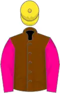 Chocolate, magenta sleeves, yellow cap