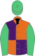 Orange and purple (quartered), emerald green sleeves and cap