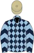 Dark blue and light blue diamonds, light blue and dark blue chevrons on sleeves, beige cap