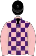 Pink and purple check, pink sleeves, black cap